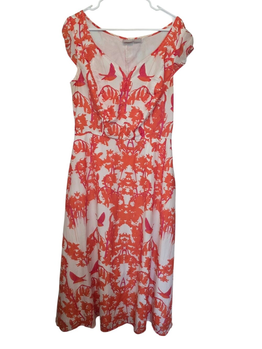 eShakti Custom Cotton/Silk Bold Pink & Orange Print Midi Dress Puff Sleeves OS